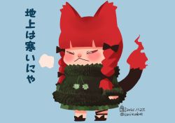 Rule 34 | 1girl, animal ears, blush, bow, braid, cat ears, cat tail, chibi, dress, fire, fluffy, footwear bow, green dress, kaenbyou rin, leg ribbon, nekomata, onikobe rin, red eyes, red hair, ribbon, simple background, solo, squinting, standing, steam from mouth, subterranean animism, tail, touhou, twin braids