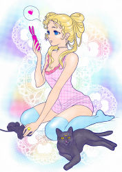 Rule 34 | 1girl, alternate hairstyle, animal, bare shoulders, bishoujo senshi sailor moon, black cat, blue eyes, blue thighhighs, bottomless, cat, cellphone, choker, contemporary, controller, double bun, dress, earrings, full body, game controller, hair bun, highres, jewelry, lace, luna (sailor moon), phone, pink dress, ring, selena (selenchic), short dress, sitting, thighhighs, tsukino usagi, twintails, unmoving pattern, victory rolls, wariza