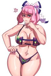 Rule 34 | 1girl, absurdres, bikini, breasts, cleavage, clenched teeth, creatures (company), curvy, disgust, female focus, game freak, hand on own hip, highres, klara (pokemon), large breasts, lips, lipstick, makeup, nail polish, navel, nintendo, pink hair, pokemon, pokemon swsh, purple eyes, shaded face, shiny skin, simple background, solo, swimsuit, teeth, thong bikini, white background, wide hips, ytrall