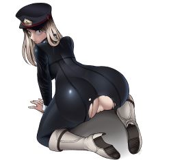 Rule 34 | 1girl, absurdres, all fours, anus, ass, blonde hair, bodysuit, boku no hero academia, boots, brown eyes, freckles, from behind, hat, highres, huge ass, kansu kansu, long hair, looking at viewer, looking back, pussy, revision, solo, torn clothes, uncensored, utsushimi kemii, white background