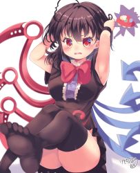 Rule 34 | 1girl, ahoge, armpits, arms up, asymmetrical wings, black dress, black hair, black thighhighs, blue wings, bow, bowtie, center frills, dress, feet, frills, highres, houjuu nue, kemo chiharu, looking at viewer, open mouth, red bow, red bowtie, red eyes, red wings, short hair, short sleeves, solo, thighhighs, thighs, touhou, ufo, wings