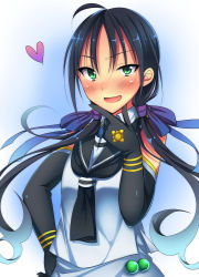 Rule 34 | 10s, 1girl, ahoge, black hair, blush, bow, elbow gloves, gloves, green eyes, hair bow, hair ribbon, hand on own hip, hand on own chin, heart, kantai collection, long hair, looking at viewer, low twintails, open mouth, ribbon, school uniform, serafuku, sk02, smile, solo, suzukaze (kancolle), twintails