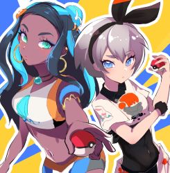 Rule 34 | 2girls, armlet, bea (pokemon), black bodysuit, black hair, black hairband, blue eyes, blue hair, bodysuit, bodysuit under clothes, collared shirt, commentary request, covered navel, creatures (company), dark-skinned female, dark skin, earrings, game freak, grey hair, gym leader, hair bun, hairband, highres, holding, holding poke ball, hoop earrings, jewelry, long hair, looking at viewer, makeup, multicolored hair, multiple girls, navel, necklace, nessa (pokemon), nintendo, poke ball, poke ball (basic), pokemon, pokemon swsh, print shirt, print shorts, shirt, short hair, short sleeves, shorts, single hair bun, tied shirt, two-tone hair, witchdalisweet