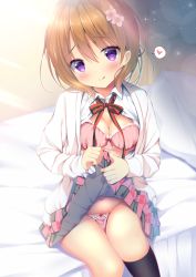 Rule 34 | 1girl, :p, bed sheet, black socks, blush, bra, breasts, brown hair, closed mouth, clothes lift, collared shirt, commentary request, flower, gochuumon wa usagi desu ka?, hair flower, hair ornament, head tilt, heart, hoto cocoa, indoors, kneehighs, legs together, lifted by self, looking at viewer, on bed, open clothes, open mouth, open shirt, panties, pillow, pink bra, pink panties, plaid, plaid skirt, purple eyes, ribbon, shibainu niki, shirt, short hair, sitting, skirt, skirt lift, small breasts, smile, socks, solo, speech bubble, spoken heart, striped ribbon, tongue, tongue out, unbuttoned, underwear, white shirt
