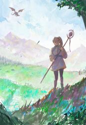 Rule 34 | 1girl, black pantyhose, capelet, closed mouth, cloud, cloudy sky, day, dragon, earrings, elf, expressionless, fence, frieren, gold trim, grass, highres, hill, holding, holding staff, jewelry, long hair, long sleeves, looking to the side, mage staff, mountain, mountainous horizon, outdoors, pantyhose, pointy ears, shirt, skirt, sky, solo, sousou no frieren, staff, standing, striped clothes, striped shirt, subakeye, tree, twintails, white capelet, white hair, white skirt