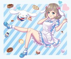 Rule 34 | &gt; o, 1girl, animal ears, ankle socks, apron, aqua eyes, bagel, blue background, blue dress, blue footwear, bow, brown hair, cake, cake slice, chinese commentary, cinnamoroll, commentary request, crossover, cupcake, dessert, diagonal stripes, doughnut, dress, fake animal ears, food, footwear bow, full body, hand on own cheek, hand on own face, heart, highres, holding, holding spoon, leg up, licking lips, looking at viewer, love live!, love live! superstar!!, macaron, mary janes, medium hair, mixed-language commentary, one eye closed, outline, partial commentary, sanrio, shoes, short dress, short sleeves, socks, spoon, striped, striped background, tang keke, tongue, tongue out, tsukimi seiya, white apron, white dress, white outline, white socks