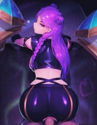 Rule 34 | 1boy, 1girl, absurdres, ass, bent over, black gloves, black pants, braid, censored, clothed sex, crotch cutout, doggystyle, double bun, gloves, hair bun, has uncensored version, hetero, highres, k/da (league of legends), k/da kai&#039;sa, kai&#039;sa, league of legends, long hair, looking at viewer, mosaic censoring, pants, penis, pepper0, pov, purple eyes, purple hair, sex, sex from behind, solo focus, vaginal