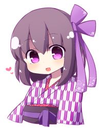 Rule 34 | 1girl, :d, blush, bow, brown hair, commentary request, cropped torso, hair between eyes, hair bow, heart, japanese clothes, kimono, long sleeves, looking at viewer, obi, open mouth, original, print kimono, purple bow, purple eyes, rensei, sash, simple background, smile, solo, upper body, white background, wide sleeves, yagasuri
