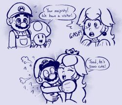 Rule 34 | !, !?, 1girl, 2boys, ^ ^, akiiame, blush, closed eyes, comic, crown, dress, earrings, english text, gloves, hat, highres, hug, jewelry, long hair, looking at another, mario, mario (series), mini crown, multiple boys, nintendo, open mouth, princess peach, teeth, the super mario bros. movie, toad (mario), twitter username, white background