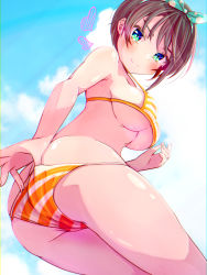 Rule 34 | 1girl, armpits, arms up, ass, beach, bikini, blue eyes, blue sky, blush, breasts, brown hair, butt crack, cleavage, closed mouth, cloud, cloudy sky, collarbone, commentary, from below, hairband, heart, highres, hololive, large breasts, looking at viewer, official alternate costume, oozora subaru, oozora subaru (hololive summer 2019), orange bikini, outdoors, qwq oekaki, shiny skin, short hair, sideboob, sidelocks, sky, smile, smug, solo, standing, striped bikini, striped clothes, swept bangs, swimsuit, thighs, underboob, virtual youtuber, white bikini