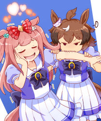 Rule 34 | ..., 2girls, agnes digital (umamusume), ahoge, animal ears, arm grab, biting, biting arm, blush, bow, brown hair, closed eyes, drooling, hair bow, hand on own cheek, hand on own face, heart, hideaki (kin29n 0721), highres, horse ears, horse girl, horse tail, jitome, long hair, multicolored hair, multiple girls, no nose, open mouth, pink hair, puffy short sleeves, puffy sleeves, red bow, school uniform, shinko windy (umamusume), short sleeves, skirt, solid eyes, spoken ellipsis, sweat, tail, tracen school uniform, trembling, two-tone hair, two side up, umamusume, v-shaped eyebrows, white skirt
