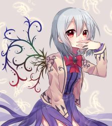Rule 34 | 1girl, alternate wings, bow, bowtie, covering own mouth, dress, jacket, kishin sagume, long sleeves, one-hour drawing challenge, open clothes, purple dress, red eyes, renka (sutegoma25), shirt, short hair, silver hair, single wing, solo, touhou, wings