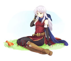 Rule 34 | 1girl, bangle, bare shoulders, belt, bird, black gloves, black pantyhose, blue scarf, boots, bracelet, dress, elbow gloves, fingerless gloves, fire emblem, fire emblem: radiant dawn, gloves, hair ribbon, half updo, jewelry, long hair, looking at another, looking down, micaiah (fire emblem), migime1, nintendo, pantyhose, ribbon, scarf, side slit, silver hair, simple background, sitting, sleeveless, sleeveless dress, yellow eyes, yune (fire emblem)