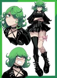 Rule 34 | 1girl, :t, absurdres, alternate costume, arms behind head, arms up, belt, black belt, black choker, black dress, black jacket, black thighhighs, blush, bow, breasts, character sheet, choker, cowboy shot, dress, ejz07, frown, green hair, hair over one eye, highres, jacket, jacket on shoulders, medium breasts, medium hair, one-punch man, open clothes, open jacket, short dress, simple background, solo, tatsumaki, thighhighs, white background