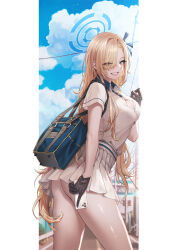 Rule 34 | 1girl, absurdres, ass, asuna (blue archive), asymmetrical bangs, backpack, bag, blonde hair, blue archive, breasts, button gap, cellphone, cleavage, gloves, hair over one eye, hair ribbon, halo, highres, honey brush, large breasts, long hair, miniskirt, phone, pleated skirt, polo shirt, ribbon, road, shiny skin, skirt, street