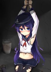 Rule 34 | 10s, 1girl, absurdres, akatsuki (kancolle), anchor symbol, armpits, arms up, black pantyhose, blush, bucket, flat cap, hat, highres, kantai collection, loafers, long hair, long sleeves, looking at viewer, neckerchief, pantyhose, pleated skirt, purple eyes, purple hair, red neckerchief, restrained, ryu narb, sailor collar, school uniform, serafuku, shoes, skirt, solo, torn clothes, torn pantyhose