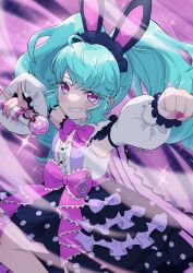 Rule 34 | 1girl, \m/, animal ears, black skirt, blue hair, bow, clenched hand, collared shirt, commentary request, cowboy shot, detached sleeves, drill hair, hands up, highres, holding, holding microphone, idol land pripara, katasumi amari, long hair, long sleeves, looking at viewer, microphone, nail polish, open mouth, outstretched arm, pink bow, pink eyes, pink nails, pink ribbon, polka dot, polka dot skirt, pretty series, pripara, puffy detached sleeves, puffy sleeves, rabbit ears, ribbon, shirt, skirt, smile, solo, sparkle, standing, tawashi (hoisassa), treble clef, twin drills, twintails, very long hair, white shirt, wind