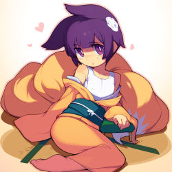 Rule 34 | 1girl, animal ears, barefoot, blunt bangs, borrowed character, copyright request, fox ears, fox tail, heart, japanese clothes, kimono, long sleeves, looking at viewer, metata, multiple tails, obi, one-piece swimsuit, orange kimono, purple eyes, purple hair, sash, short hair, solo, sweat, swimsuit, swimsuit under clothes, tail, white one-piece swimsuit