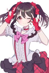 Rule 34 | 1girl, \m/, black bow, black hair, bokura wa ima no naka de, bow, center frills, choker, closed mouth, commentary, commentary request, fingerless gloves, frilled choker, frilled shirt, frills, gloves, hair between eyes, hands up, highres, kam tuki, looking at viewer, love live!, love live! school idol project, medium hair, nico nico nii, one eye closed, puffy short sleeves, puffy sleeves, red eyes, red gloves, red skirt, shirt, short sleeves, sidelocks, skirt, smile, solo, suspender skirt, suspenders, twintails, upper body, white background, white shirt, yazawa nico