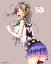 Rule 34 | 10s, 1girl, :o, blush, breasts, brown hair, character name, dated, frills, from behind, highres, large breasts, long hair, looking back, love live!, love live! school idol project, minami kotori, simple background, skirt, sleeveless, solo, spoken blush, suspenders, thigh strap, yellow eyes, yu-ta