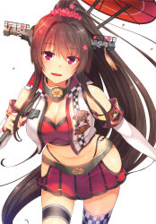 Rule 34 | 1girl, absurdres, adapted costume, adapted uniform, bare shoulders, breasts, brown eyes, brown hair, character name, cherry blossoms, cleavage, detached sleeves, flower, hair flower, hair ornament, headgear, highleg, highleg panties, highres, hip vent, horosuke, kantai collection, large breasts, long hair, miniskirt, navel, oil-paper umbrella, panties, panty straps, ponytail, race queen, red umbrella, scan, simple background, skirt, solo, stomach, thigh strap, thighhighs, thighs, twitter username, umbrella, underwear, very long hair, white background, yamato (kancolle)