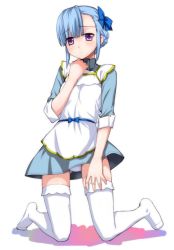 Rule 34 | 10s, 1girl, apron, blue hair, bow, fin e ld si laffinty, hair bow, hand on own chest, kneeling, panties, pantyshot, parted bangs, purple eyes, rinne no lagrange, short hair, sleeves rolled up, solo, thighhighs, underwear, white panties, white thighhighs, yaya hinata