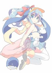 Rule 34 | 1girl, blue hair, character request, commentary request, hat, long hair, looking at viewer, neneko-n, ponytail, simple background, skirt, solo, swimsuit, white background