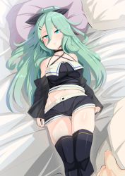 Rule 34 | 1girl, adapted costume, black ribbon, black shorts, black skirt, black thighhighs, blue neckwear, commentary request, detached sleeves, green hair, hair between eyes, hair flaps, hair ornament, hair ribbon, hairclip, highres, kantai collection, konoshige (ryuun), lifting covers, long hair, looking at viewer, lying, navel, on bed, parted bangs, pillow, ribbon, short shorts, shorts, skirt, solo, thighhighs, yamakaze (kancolle)