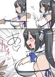 Rule 34 | 10s, 1girl, ^ ^, blush, blush stickers, breasts, cleavage, closed eyes, comic, dungeon ni deai wo motomeru no wa machigatteiru darou ka, emphasis lines, gloves, grey hair, hair ornament, heart, hestia (danmachi), large breasts, long hair, motion lines, open mouth, pulling, rei no himo, ribbon, rock paper scissors, simple background, smile, solo focus, souryu, sweatdrop, twintails, upper body, v, white background