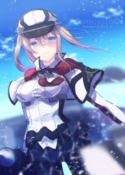 Rule 34 | 1girl, artist name, black pantyhose, blonde hair, blue eyes, breasts, capelet, celtic knot, commission, day, graf zeppelin (kancolle), hair between eyes, hat, ittokyu, kantai collection, long hair, long sleeves, military, military uniform, outdoors, pantyhose, peaked cap, pouch, skirt, sky, smile, solo, twintails, uniform, water