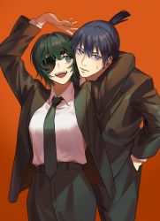 Rule 34 | 1boy, 1girl, black hair, black necktie, blue eyes, breasts, chainsaw man, collared shirt, eyepatch, formal, green eyes, hand around neck, hands in pockets, hayakawa aki, highres, himeno (chainsaw man), hug, large breasts, looking at another, looking at viewer, necktie, red background, shirt, short hair, simple background, suit, topknot, white shirt, worried, yuku oe