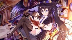 Rule 34 | 1girl, :o, barefoot, black hair, black thighhighs, book, commission, full body, glasses, hat, highres, holding, holding book, looking at viewer, lying, no shoes, on back, origami, original, paper crane, ponytail, purple eyes, thighhighs, witch, witch hat, yottacc