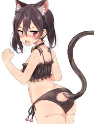 Rule 34 | 1girl, animal ears, ass, ass cutout, back, bad id, bad twitter id, bell, black bra, black choker, black hair, black panties, blush, bra, breasts, cat ears, cat lingerie, cat tail, choker, claw pose, clothing cutout, frilled bra, frills, from behind, hands up, highres, jingle bell, kemonomimi mode, lingerie, looking at viewer, looking back, love live!, love live! school idol project, meme attire, neck bell, nose blush, open mouth, panties, red eyes, shoero, side-tie panties, simple background, small breasts, solo, tail, tail through clothes, tearing up, tears, underwear, underwear only, white background, yazawa nico