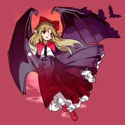 Rule 34 | 1girl, arms behind back, bad id, bad twitter id, black skirt, black vest, black wings, blonde hair, bow, buttons, demon wings, elis (touhou), facial mark, full body, hair bow, kaigen 1025, long hair, looking at viewer, open mouth, pointy ears, purple eyes, red background, red bow, red footwear, shirt, shoes, skirt, smile, solo, star wand, touhou, touhou (pc-98), vest, wand, white shirt, wings
