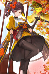 Rule 34 | 1girl, absurdres, asymmetrical sidelocks, black gloves, black hair, black pantyhose, blonde hair, chiori (genshin impact), closed mouth, drill hair, drill ponytail, expressionless, genshin impact, gloves, hair ornament, highres, holding, holding sword, holding weapon, japanese clothes, kimono, looking at viewer, medium hair, multicolored hair, no shoes, obi, outdoors, pantyhose, red eyes, rem mie, sash, short sleeves, side ponytail, skirt, solo, standing, standing on one leg, sword, tamoto (genshin impact), toes, two-tone hair, weapon, yellow skirt