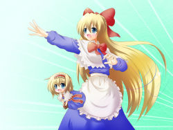 Rule 34 | &gt;:), 1girl, :d, alice margatroid, apron, blonde hair, blue eyes, blush stickers, bow, bowtie, capelet, doll, female focus, hair bow, jewelry, mini person, minigirl, open mouth, osashin (osada), outstretched arm, personification, puppet rings, puppet strings, ring, role reversal, shanghai doll, short hair, smile, solo, touhou, v-shaped eyebrows, waist apron
