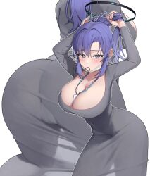 Rule 34 | 1girl, adjusting hair, ass, blue archive, blue hair, breasts, bursting breasts, cameltoe, cleavage, collarbone, dongtan dress, dress, grey dress, highres, id card, large breasts, meme attire, no panties, solo, spread legs, yuuka (blue archive), yzr (yzr99)