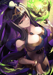 Rule 34 | 1girl, arabian clothes, bare shoulders, black eyes, black hair, blunt bangs, bodystocking, bodysuit, bracelet, breasts, bridal gauntlets, cleavage, collarbone, commentary request, covered navel, feather hair ornament, feathers, fire, fire emblem, fire emblem awakening, fire emblem heroes, floating, floating hair, floating object, green fire, hair ornament, highres, jewelry, large breasts, lips, lipstick, long hair, looking at viewer, magic, makeup, nakabayashi zun, navel, necklace, nintendo, off shoulder, official alternate costume, parted lips, shawl, signature, skin tight, smile, solo, stomach, taut clothes, teeth, tharja (fire emblem), tiara, two side up