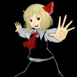 Rule 34 | 1girl, black background, fangs, female focus, open mouth, outstretched arms, rumia, simple background, skirt, solo, spread arms, touhou, yutturi