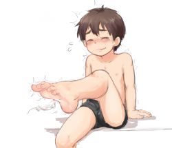Rule 34 | 1boy, barefoot, bike shorts, blush, bokustar fox, feathers, hair between eyes, male focus, simple background, soles, solo, tickle torture, tickling, toes, topless male, white background