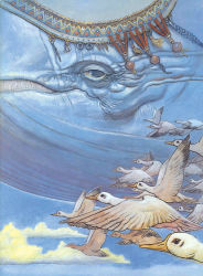 Rule 34 | 1990s (style), bird, cloud, flying, goose, highres, nintendo, no humans, official art, retro artstyle, sky, terada katsuya, the legend of zelda, the legend of zelda: link&#039;s awakening, whale, wind fish