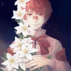 Rule 34 | 1boy, bandaid, bandaid on face, bandaid on nose, closed mouth, coat, commentary, crying, crying with eyes open, driftwoodwolf, flower, fukase, holding, holding flower, light smile, lily (flower), looking at viewer, male focus, night, night sky, red eyes, red hair, red ribbon, ribbon, scar, scar on face, signature, sky, star (sky), tears, upper body, vocaloid, white coat