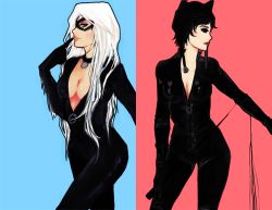 Rule 34 | 2girls, batman (series), black cat (marvel), black hair, bodysuit, catwoman, crossover, dc comics, female focus, marvel, mask, multiple girls, spider-man (series)