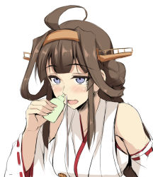 Rule 34 | 10s, 1girl, ahoge, bare shoulders, blue eyes, blush, bottle, breasts, brown hair, detached sleeves, hair bun, headgear, kantai collection, kongou (kancolle), long hair, medium breasts, nasal irrigation, nontraditional miko, open mouth, simple background, single hair bun, solo, tears, white background, zekkyon