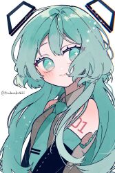 Rule 34 | 1girl, alternate hairstyle, aqua eyes, aqua hair, aqua necktie, bare shoulders, black sleeves, closed mouth, collared shirt, detached sleeves, floating, floating object, from side, grey shirt, hatsune miku, highres, long hair, looking at viewer, looking to the side, maca1227, necktie, shirt, simple background, sleeveless, sleeveless shirt, smile, solo, twitter username, upper body, vocaloid, white background
