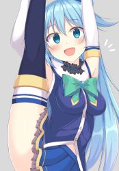 Rule 34 | 10s, 1girl, :d, ^^^, aqua (konosuba), arms up, bad id, bad pixiv id, blue eyes, blue hair, blue skirt, blush, bow, breasts, brooch, choker, commentary request, frilled choker, frills, green bow, grey background, hair between eyes, head tilt, impossible clothes, impossible shirt, jewelry, kono subarashii sekai ni shukufuku wo!, leg lift, long hair, looking at viewer, medium breasts, meiji (meizi493), navel, open mouth, pleated skirt, revision, shirt, simple background, skirt, sleeveless, sleeveless shirt, smile, solo, standing, standing on one leg, thighs, very long hair