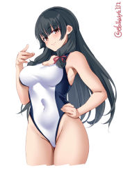 Rule 34 | 1girl, alternate costume, black hair, blue one-piece swimsuit, blush, breasts, competition swimsuit, covered navel, cowboy shot, ebifurya, hair between eyes, hair ribbon, hand on own hip, highleg, highleg swimsuit, highres, isokaze (kancolle), kantai collection, lips, long hair, looking at viewer, medium breasts, one-hour drawing challenge, one-piece swimsuit, red eyes, red ribbon, ribbon, simple background, solo, swimsuit, tress ribbon, twitter username, white background, white one-piece swimsuit