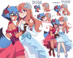 Rule 34 | 2girls, absurdres, animal ears, animal nose, blue hair, blush, body fur, bow, brand new animal, dress, english text, eye contact, closed eyes, flower, furry, furry female, furry with non-furry, green eyes, grin, hair flower, hair ornament, holding hands, heart, high heels, highres, hiwatashi nazuna, interlocked fingers, interspecies, jewelry, kagemori michiru, kiss, kissing cheek, locked arms, long hair, looking at another, looking at viewer, multiple girls, necklace, orange eyes, orange hair, poptrt, raccoon ears, raccoon girl, raccoon tail, red dress, shoes, short hair, simple background, smile, tail, teeth, white background, yuri