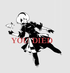 Rule 34 | 1girl, blood, blood from mouth, boots, dark souls (series), death, dress, fish, fishine, food, gameplay mechanics, lying, nier (series), nier:automata, on back, parody, short hair, solo, suicide, thigh boots, thighhighs, 2b (nier:automata)