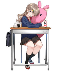 Rule 34 | 1girl, absurdres, bag, black socks, blue bag, blue eyes, blue serafuku, blush, bow, bowtie, brown hair, carrot hair ornament, chair, collarbone, commentary request, desk, hugging doll, drink, drinking straw, drooling, eyebrows hidden by hair, food, food-themed hair ornament, food themed bag, full body, green bow, grey skirt, hair ornament, hairclip, highres, kneehighs, leaning on object, loafers, long hair, long sleeves, looking at viewer, mouth drool, nishizawa, hugging object, one eye closed, onigiri, open mouth, original, pleated skirt, red sailor collar, sailor collar, school bag, school chair, school desk, school uniform, serafuku, shoes, sidelocks, simple background, sitting, skirt, sleepy, sleeves past wrists, socks, solo, stuffed animal, stuffed rabbit, stuffed toy, swept bangs, uwabaki, white background, zipper, zipper pull tab